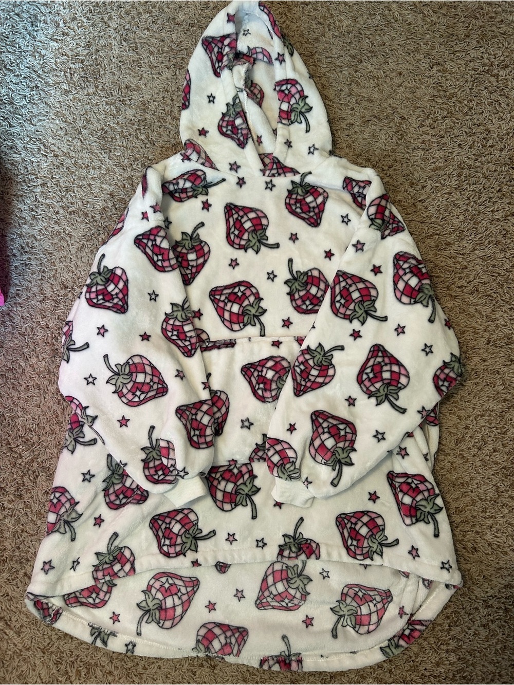 Plush Hooded Robe Tunic in White with Pink Strawberry Print